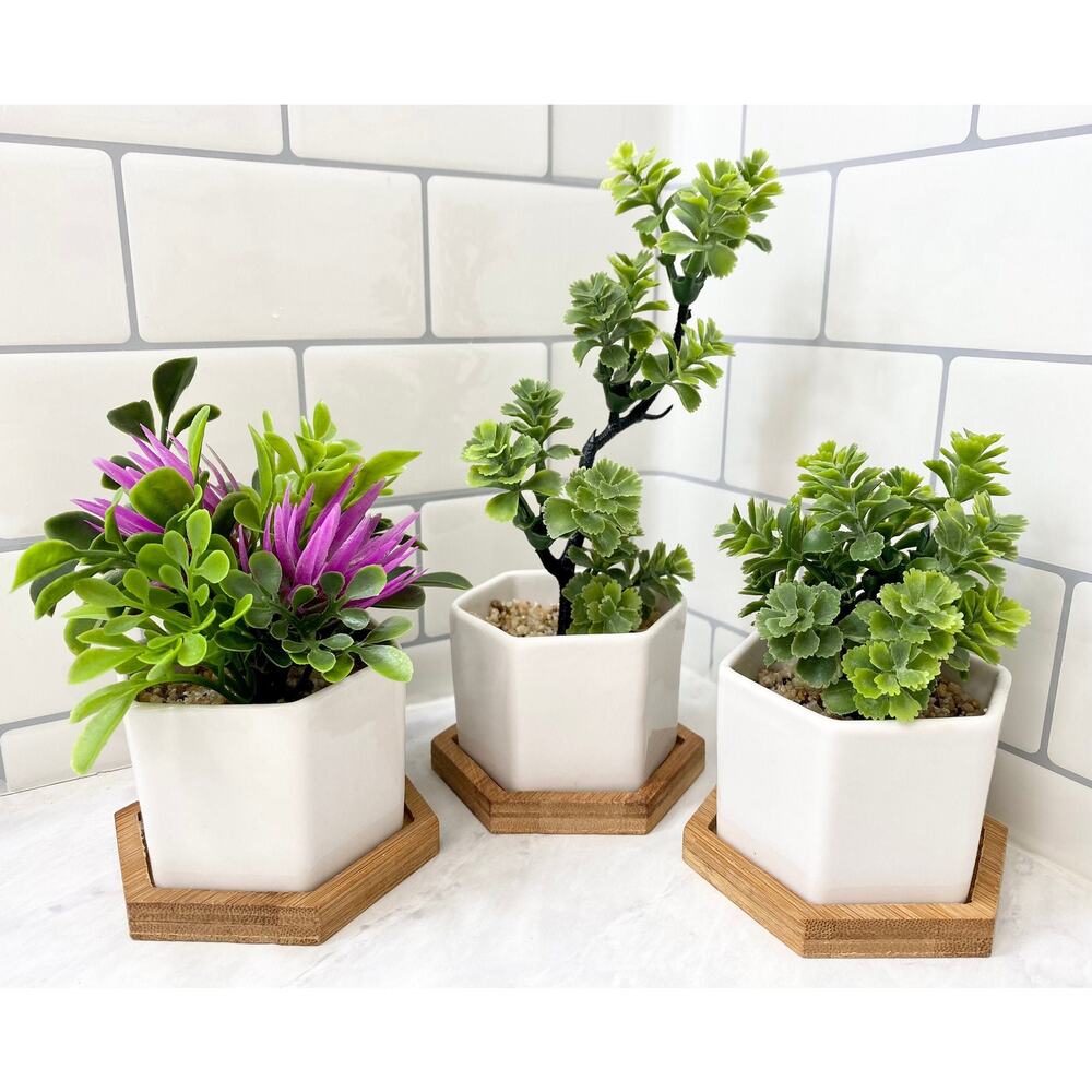 3 Small Artificial Flower Plants in White Hexagon Pot with Bamboo Tray